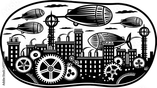 Vintage Linocut Print of a Steampunk City: Industrial Skyline with Intricate Gears and Smoggy Sky

