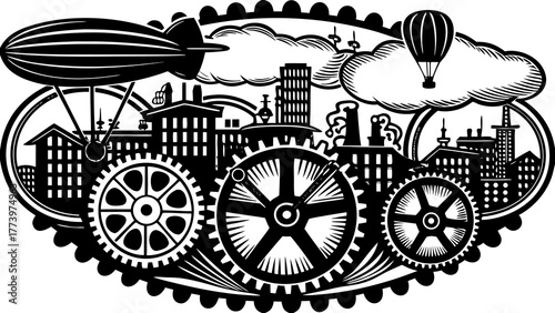 Steampunk Cityscape Linocut Art: A Detailed Mechanical Metropolis with Gears, Pipes, and Airships

