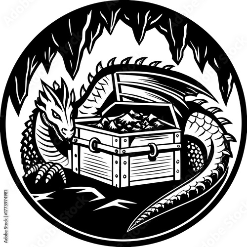 Linocut Art of a Sleeping Dragon Guarding a Treasure Chest in a Cave

