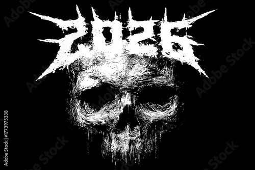 celebrate 2026 with black metal skull on black background for new years eve, silvester, illustrated
