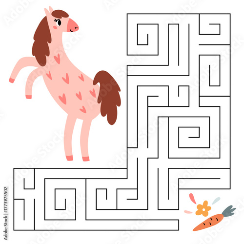 Animal maze game for kids. Cute horse looking for a way to the carrot. Printable worksheet with solution for school and preschool. Vector cartoon illustration.