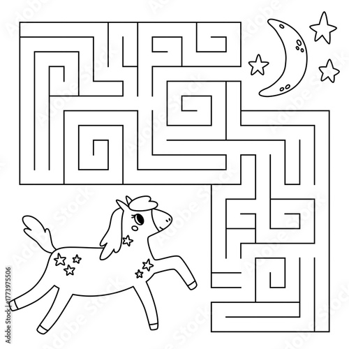 Animal line maze game for kids. Cute horse looking for a way to the moon. Printable worksheet with solution for school and preschool. Vector cartoon illustration.
