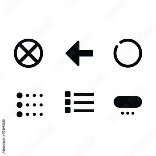 Set of UI Icons cancel back arrow loading circle grid list more options menu interface design web app symbol button navigation element