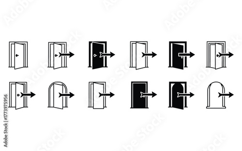 Door Icons with Arrow entrance exit symbol direction open closed way path sign graphic illustration vector design access entry out