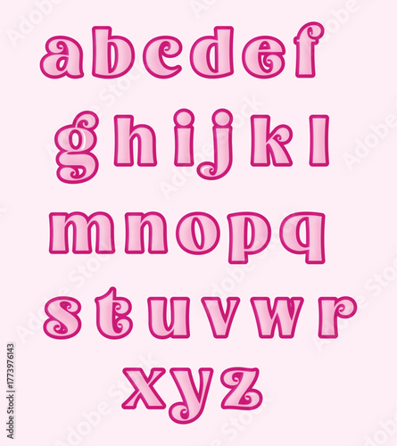 Display of the lowercase alphabet in a pink color with decorative swirls on a light pink background