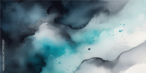 Dark abstract light blue and white smoke, fog, and texture of water and ice on the river under a stormy night sky