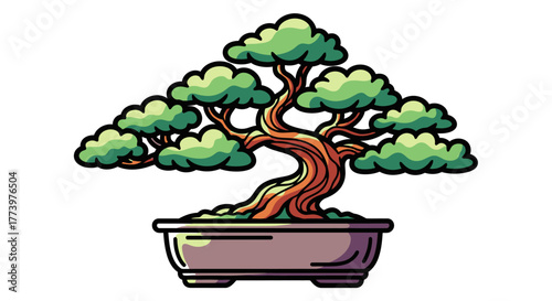 Elegant Bonsai Tree Illustration with Detailed Trunk and Lush Green Foliage for Zen Gardens and Japanese Culture Designs, Ideal for meditative practices.