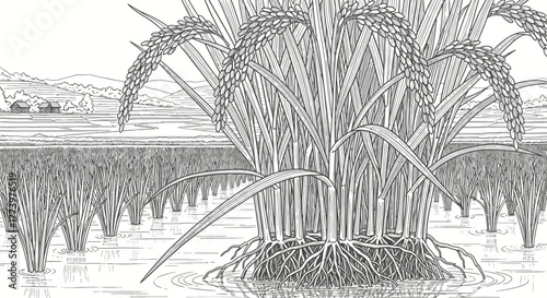 Detailed monochrome illustration of a rice paddy field showcasing agricultural cultivation and the natural beauty of the Asian landscape. 