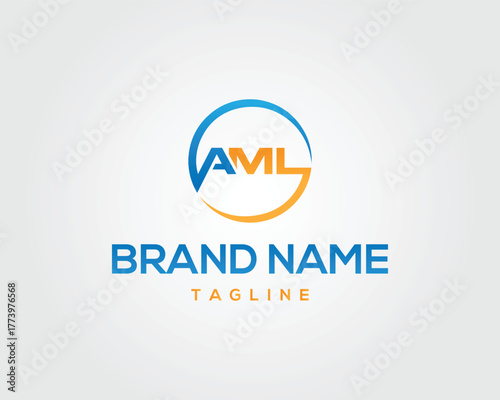 Blue orange circle logo with A M L text and brand name tagline vector template symbol graphic