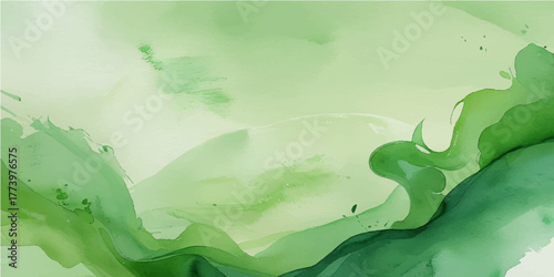 Abstract green watercolor background illustration with nature elements like leaf, tree, and ocean water