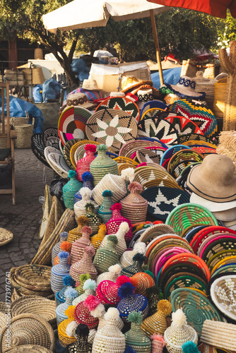 Basketry items at Rahba Kedima market square, in the Marrakesh souk, Morocco