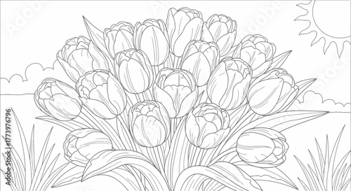 Exquisite Tulip Bouquet Line Art for Therapeutic Coloring Pages and Creative Design Projects, Ideal for Relaxation, Artistic Expression, and Educational Resources