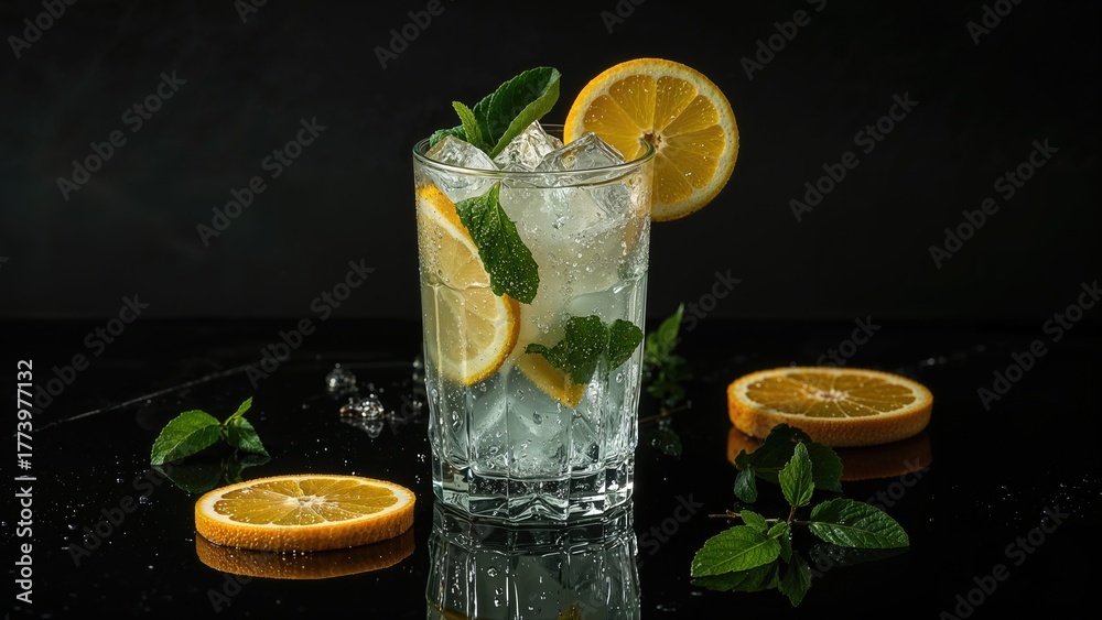 Fototapeta premium A refreshing drink with lemon slices and mint leaves in a glass, surrounded by lemon slices and mint on a dark background.