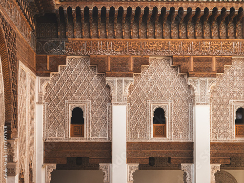 Obraz na plátne Ben Youssef Madrasa windows and carved ornament, in Marrakesh, Morocco
