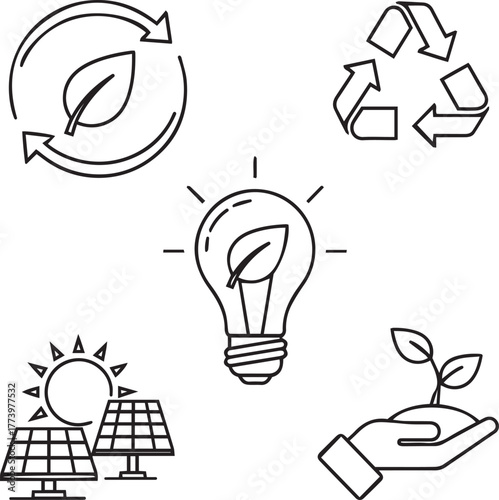 Ecology and energy related icons set. Including sustainability, recycling, green, power, solar, nature, and eco. Editable stroke. outline icons.