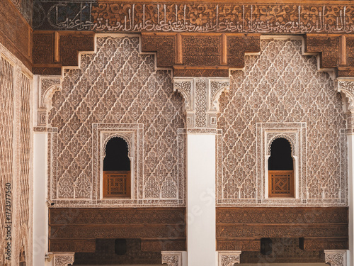 Ben Youssef Madrasa windows and carved ornament, in Marrakesh, Morocco