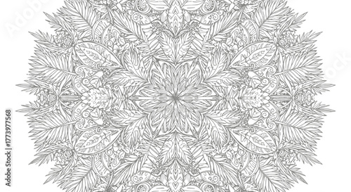 Intricate floral mandala design featuring detailed botanical elements and symmetrical patterns, ideal for coloring books, textile prints, and decorative art projects.