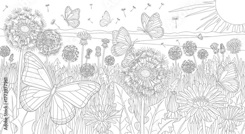 Detailed Butterfly and Dandelion Coloring Page Illustration for Relaxation and Creative Expression, Ideal for Children's Activity Books and Adult Mindfulness Art Therapy