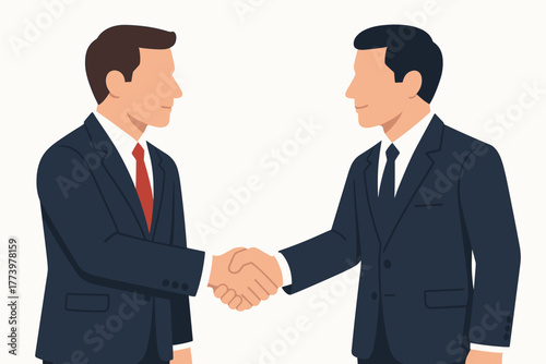 Two businessmen in navy blue suits shaking hands over a white background one wears a red tie and the other a dark blue tie presenting a professional agreement during a business meeting with neutral