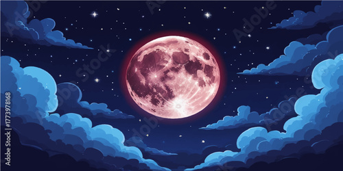 Dark blue night sky with the full moon and bright stars beside the Earth planet illustration in deep space