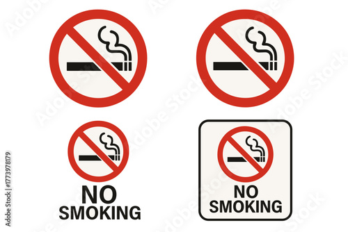 Collection Of Four No Smoking Signs In Various Shapes And Sizes With Red Circle And Diagonal Line Over Cigarette Symbol Against Black And Cream Backgrounds