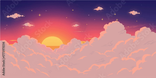  Vibrant orange and red sunset painting the mountain landscape with bright sunlight and colorful clouds at dusk