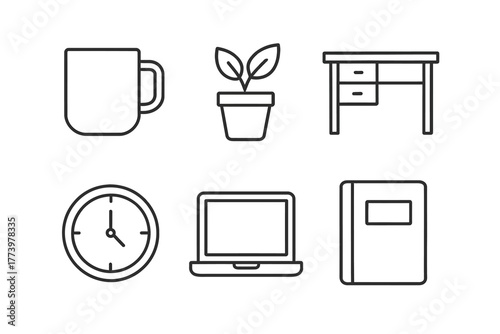 Minimalist office icons set featuring coffee mug, plant, desk, clock, laptop, and notebook