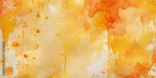 Abstract orange and yellow watercolor paint splash pattern with a vintage grunge paper texture and fiery red accents