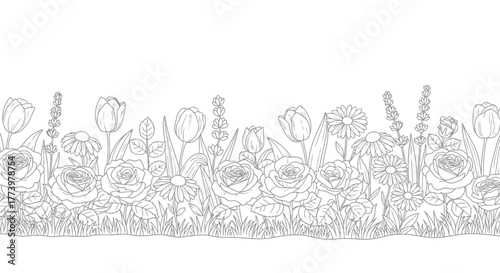Exquisite floral line art illustration featuring a variety of blooming flowers, suitable for coloring books, botanical studies, and elegant design projects.