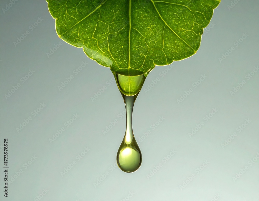 Fototapeta premium Serene Green: A macro view of a droplet of water clinging delicately to the edge of a vibrant green leaf, suspended in mid-air, a testament to the beauty and purity of nature.