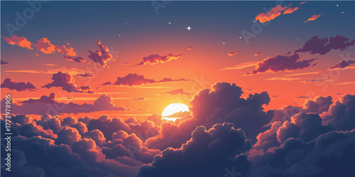 Orange and red sunlight bathes the dramatic sky at dusk, painting a beautiful cloudscape over the vast landscape