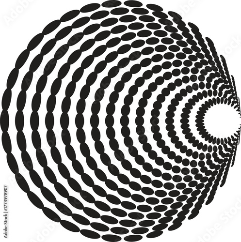 black thick halftone dotted circle speed lines. Abstract geometric shape motion. Design elements for frames, tattoos, web pages, prints, posters, and templates. Technology round Logo. Sunburst. Vector