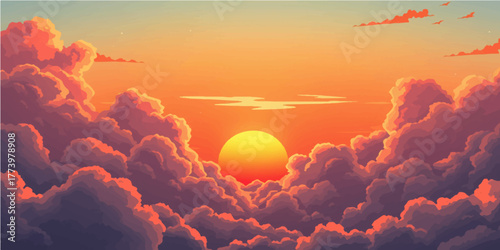 Beautiful nature landscape with orange and red clouds filling the sky during a stunning sunrise or sunset over the mountains