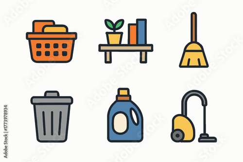 Home cleaning essentials icons set with modern flat design style for hygienic living