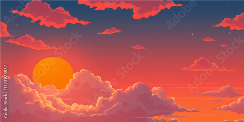 Orange and red sunlight illuminates the cloudscape at a beautiful mountain sunset or sunrise