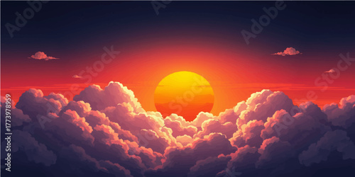 An abstract of golden sunset and fiery cloudscape paints the desert sky in hues of orange, red, and yellow light