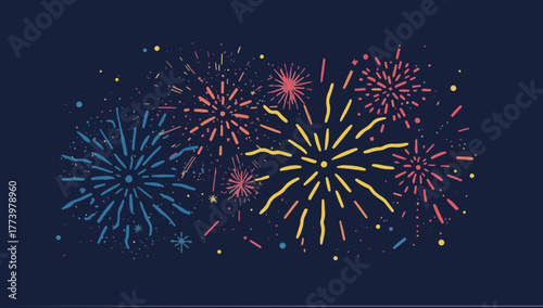 Vector template illustration of fireworks in a flat design style, featuring bold lines, minimal shading, and solid colors, with vibrant hues of blues, reds