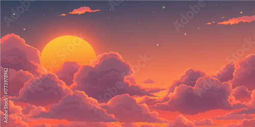 Dramatic sunset colors paint the sky with orange, red, and yellow light over a beautiful mountain landscape at dusk