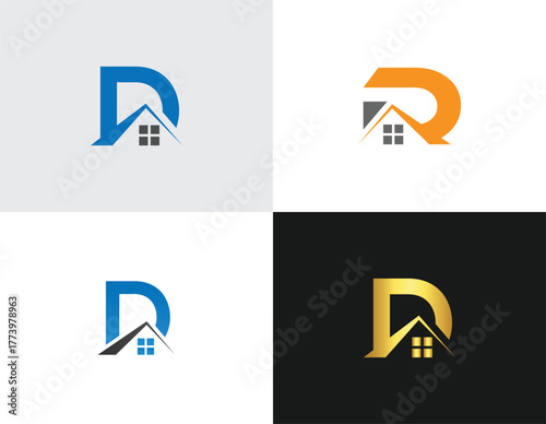 Four abstract house logos with letter D in blue orange gold vector template home
