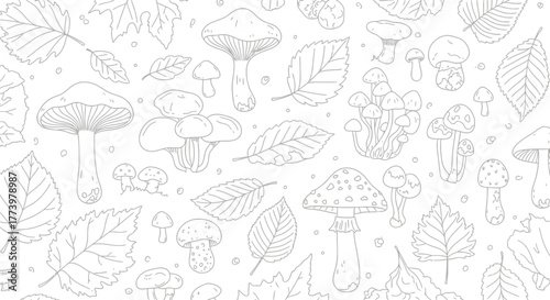 Delicate Mushroom and Leaf Outline Pattern, Ideal for Coloring Books, Textile Prints, and Botanical Themed Backgrounds for Creative and Educational Projects.