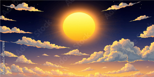 Beautiful dramatic orange sunset over the mountains with clouds in the sky and bright sunlight illuminating the landscape at dusk