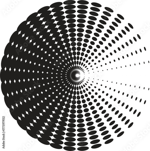 black thick halftone dotted circle speed lines. Abstract geometric shape motion. Design elements for frames, tattoos, web pages, prints, posters, and templates. Technology round Logo. Sunburst. Vector