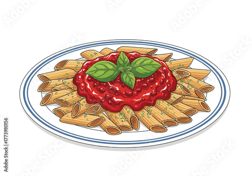 A plate of penne pasta topped with rich tomato sauce and garnished with fresh green basil leaves.