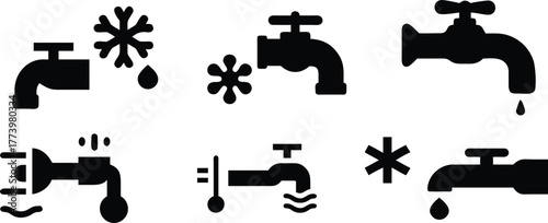Set of black silhouettes of plumbing tools, including a tap and pipe, with vector illustrations of gardening equipment