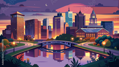 Very beautiful aerial dusk view of Fort Wayne’s downtown skyline, with illuminated bridges and glowing buildings reflecting the golden hour light across the tranquil river in Indiana, USA.