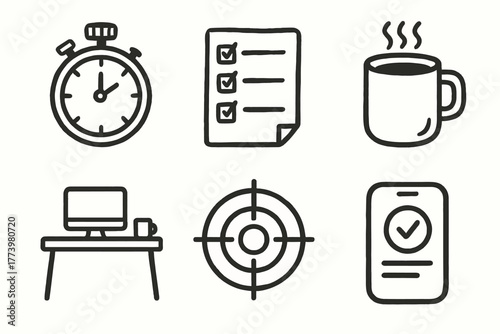 Minimalist icons of daily productivity: timer, checklist, coffee, computer, target, mobile