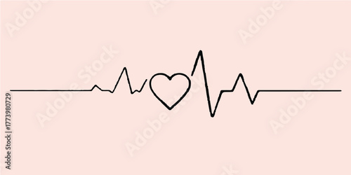 Vector illustration of a medical heart beat cardiogram showing a red heart symbol with an ECG pulse line wave representing health and cardiology rate monitoring in a hospital healthcare setting