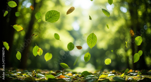 background of falling green leaves