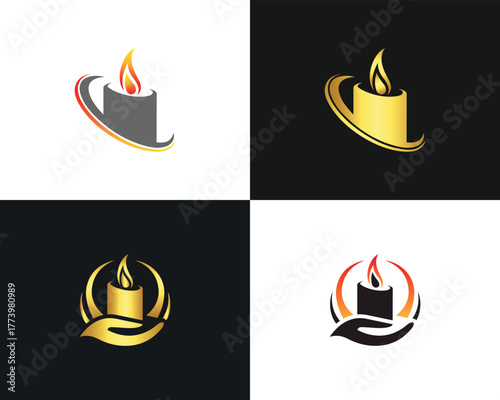 Four candle logos with flame and abstract shapes in gold gray and vector template black fire light