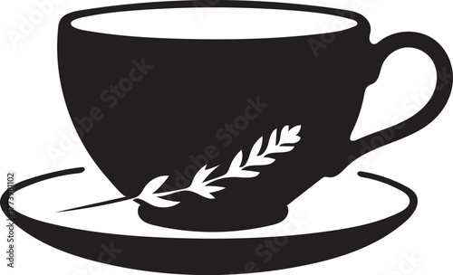 Black and white icon of a teacup and saucer with a sprig of leaves coffee